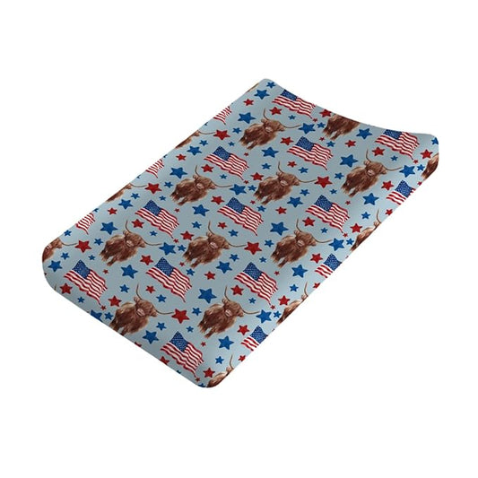 Highland Cows American Flag Changing Pad Covers Highland Yak Stars Stripes Diaper Change Table Sheets for Baby Girls and Boys Soft Stretch Changing Table Mats Cover 32''x16''