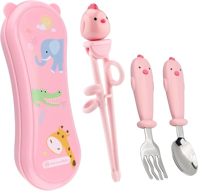 Toddler Utensils Stainless Steel Kids Silverware Set with Kids Training Chopsticks and Baby Spoon and Fork for Self Feeding Learning with Case (3PCS)(Pink)