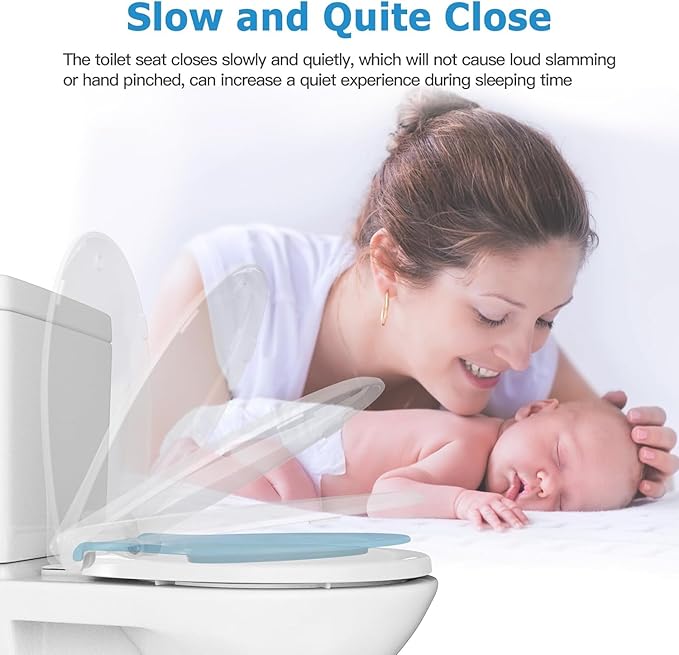 Round Toilet Seat with Built in Potty Training Seat, Potty Training Toilet Seat for Toddlers, Magnetic Kids Seat and Cover, Slow Close and Never Loosen, Fits both Adult and Child, Blue Round