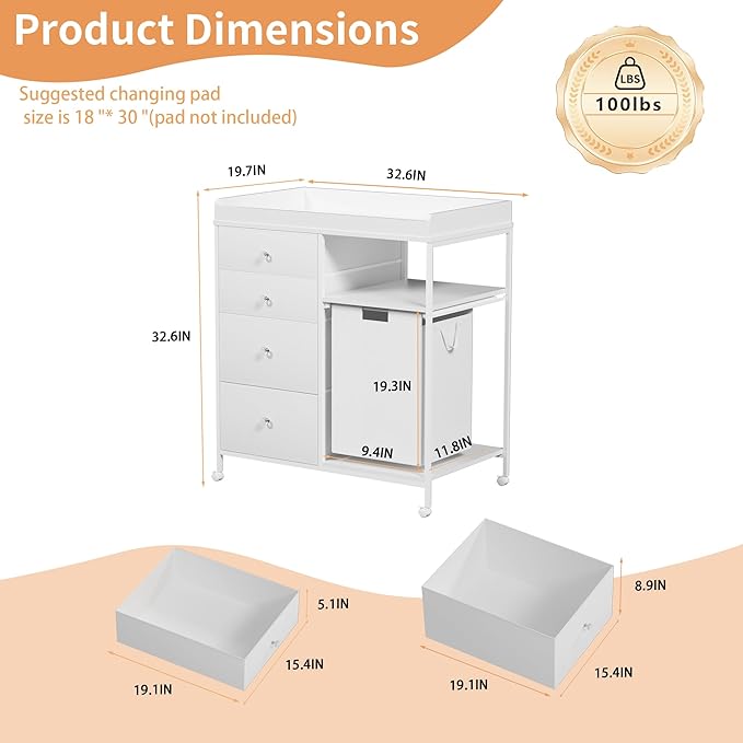 32.6" Baby Changing Station with 4 Drawers and 4 Wheels Diaper Changing Station with Changing Table Top Baby Classic Nursery Dresser with 1 Open Shelf and 1 Laundry Hamper for Newborn,White