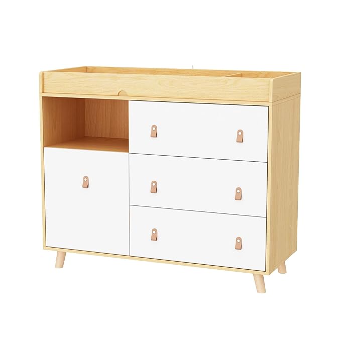 Timechee Baby Dresser Changing Table with Drawers,Shelf,Hidden Laundry Basket Storage,2 in 1 Nursery Dresser Chest for Infants, Baby Diaper Changing Station for Daycare,Bedroom,Natural