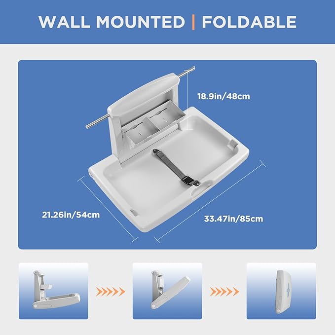 Commercial Baby Changing Station Wall Mounted, Horizontal Fold-Down Baby Changing Table, Heavy Duty 200lb Capacity, Space Saving Diaper Changing Station for Restroom & Public Facilities