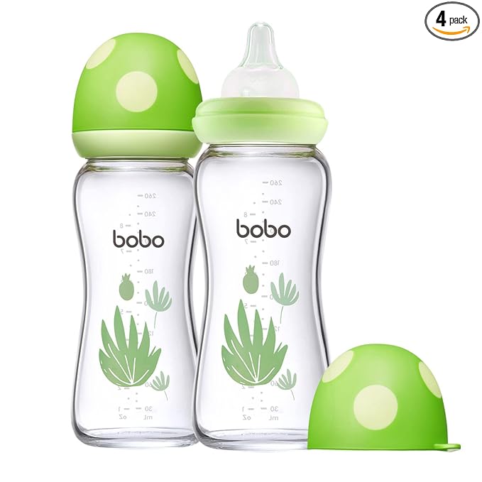 YOHKOH Natural Glass Baby Bottle with Level 2 Medium Flow Nipple, Newborn Anti-Colic Baby Bottles, Wide Neck Mushroom Baby Glass Bottle (Green, (8.8oz (Pack of 2))