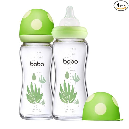 YOHKOH Natural Glass Baby Bottle with Level 2 Medium Flow Nipple, Newborn Anti-Colic Baby Bottles, Wide Neck Mushroom Baby Glass Bottle (Green, (8.8oz (Pack of 2))