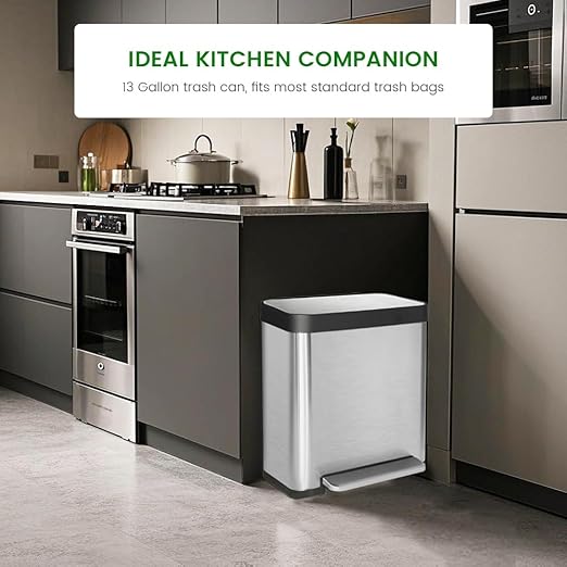13 Gallon Trash Can, Large Kitchen Garbage Can with Lid, Stainless Steel Trash Bin Liner Free, Step Peal Garbage Bin, Metal Trash Can with Soft Closed&Stay Open Lid, 50 Liter, Silver