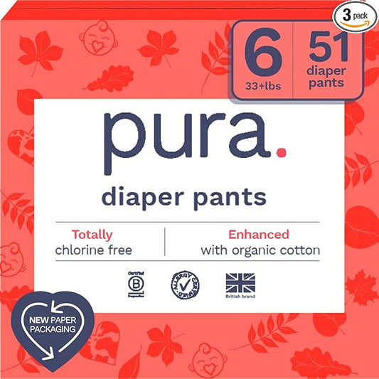 Pura Hypoallergenic Diaper Pants Size 6 (33+ lbs) Overnight, up to 12 Hours Leak Protection, Suitable for Sensitive Skin, Totally Chlorine Free, Soft Organic Cotton, 3 Packs of 17 (51 Pull Up Pants)