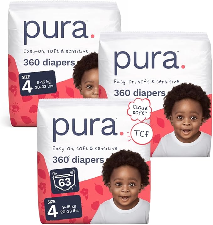 Pura 360° Diaper Pants Size 4, 63 Count, 20-33lbs, TCF, Stretch Fit, Pull On Diaper for Hypoallergenic & Sensitive Skin, Up to 12 Hours Overnight Leak Protection