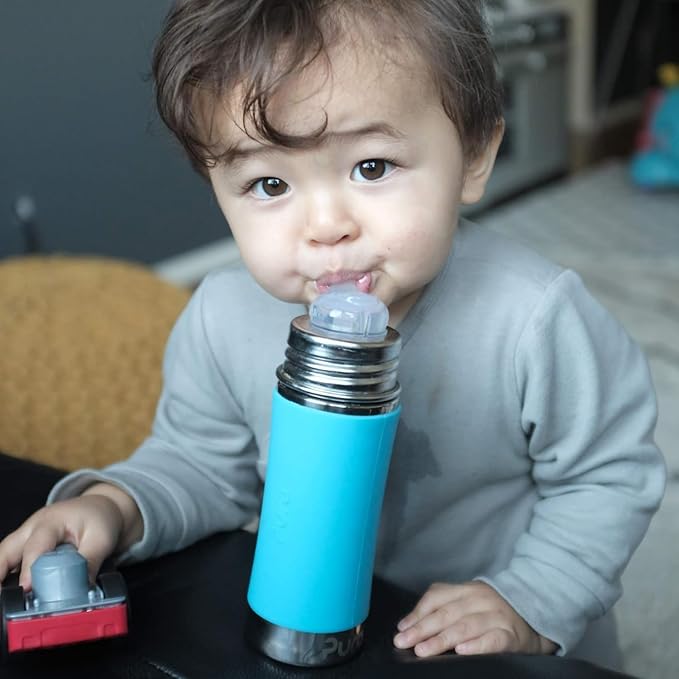 Pura Toddler Kid Straw Bottle - 11oz Stainless Steel, Plastic-Free, MadeSafe, Mint, Silicone Straw