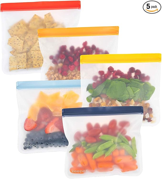 Keeper Reusable Sandwich Bags (Set of 5, 32oz) - Extra Thick Reusable Ziplock Bag For Food, Lunch Storage. Reusable Snack Bags for Kids Are Resealable. Plastic Lunch Baggies Are Washable, Freezer Safe