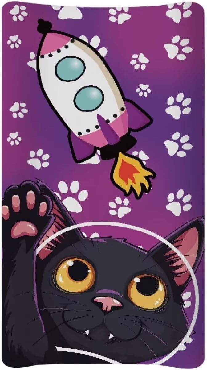 Black Cat Astronaut Changing Pad Covers Waterproof Baby Diaper Change Table Covers, Decorative Covers for Change Contoured Pad Nursing Room Decor