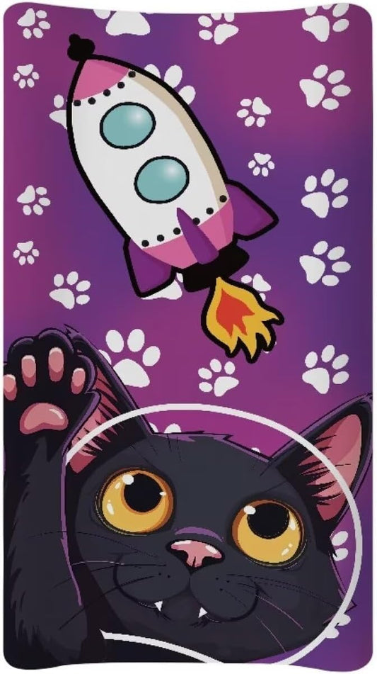 Black Cat Astronaut Changing Pad Covers Waterproof Baby Diaper Change Table Covers, Decorative Covers for Change Contoured Pad Nursing Room Decor