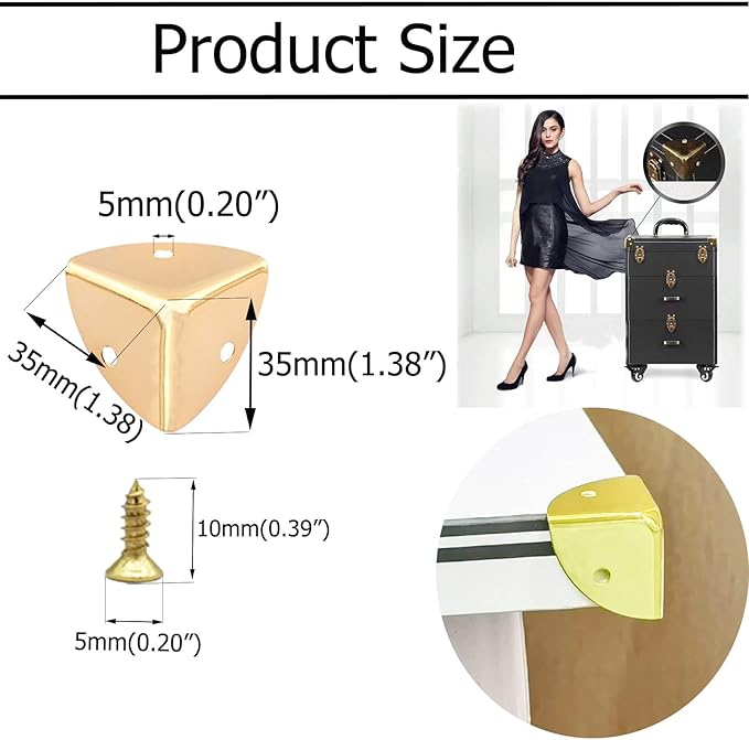 Vintage Box Cabinet Corner Protection-Triangle Box Table Cabinet Corner with Screws Decorative Wood Box Edge Cover Safety Guard Furniture Corner Protector Bumpers (Gold-30mm-12pcs)