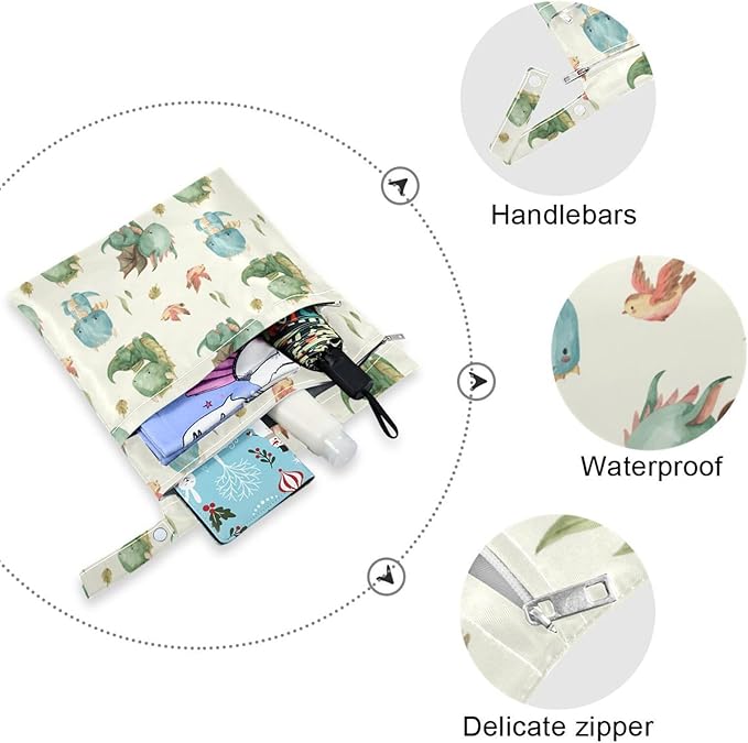 Watercolor Dragon Wet Dry Bag for Baby Cloth Diaper Waterproof Reusable Travel Wet Bag with Two Zippered Pockets for Swimsuits, 2 Pcs