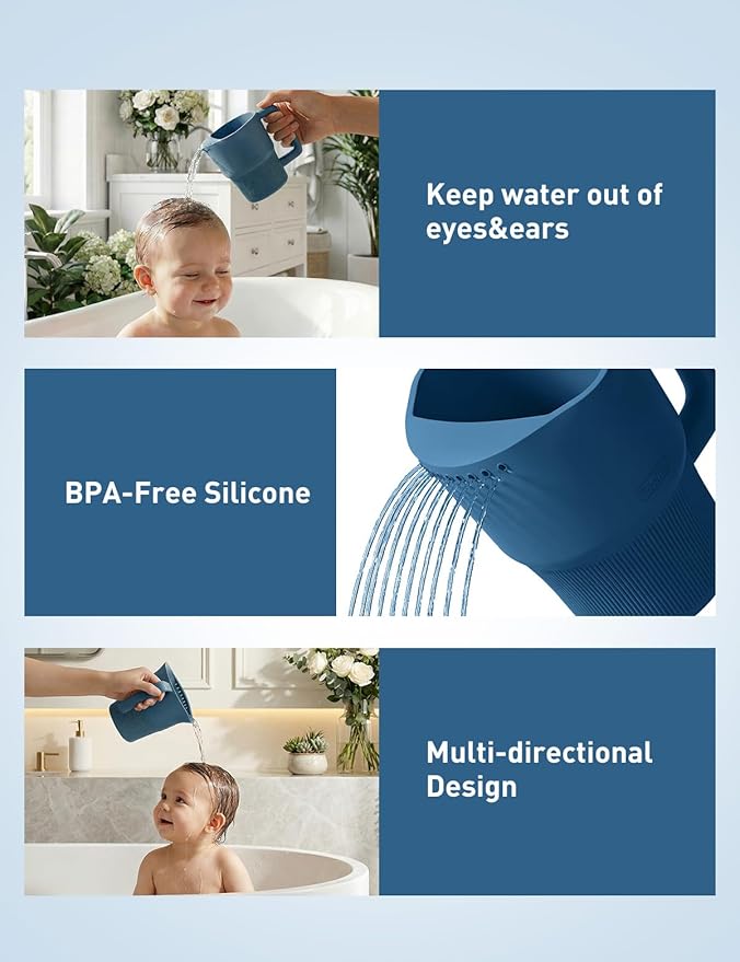 Roslim Silicone Baby Bath Rinse Cup - Shampoo & Body Washing Rinser for Kids & Toddlers, Lightweight Bath Cups for Rinsing Hair, Easy-Grip Handle, Ultra Soft Material (Ocean Blue)