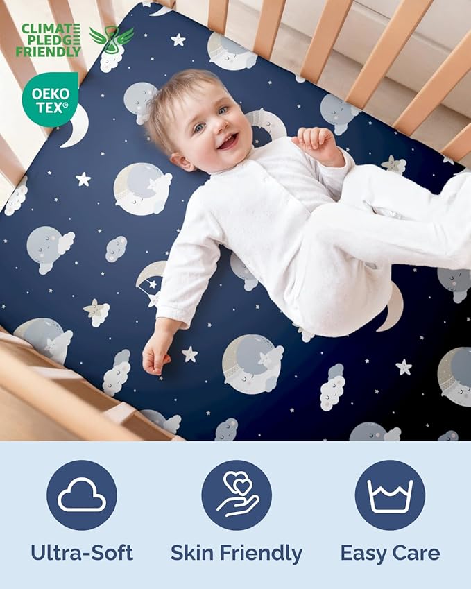 2-Pack Mini Crib Sheets Fitted - Pack N Play Sheets for Pack and Play Mattress - Stretchy Soft Microfiber Playard Bedding - Mini Toddler Bed Cover for Boys & Girls - Oeko-Tex - 38 x 24in, Dream Sky