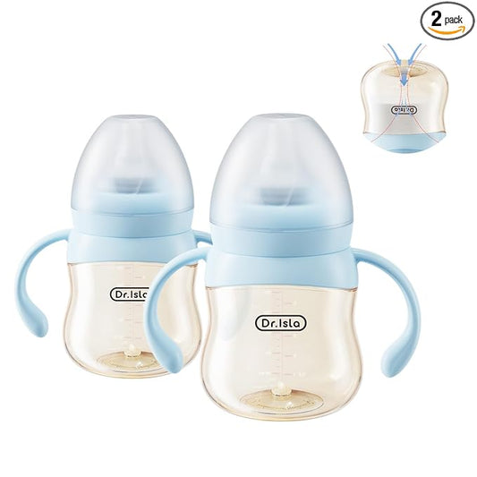 Dr.isla PPSU Baby Bottle for Breastfeeding Babies – Newborn Anti-Colic Bottle Set with Slow Flow Nipple, Dual Vent, 0-3 Months, BPA Free 5.4oz, 2-Pack, Blue