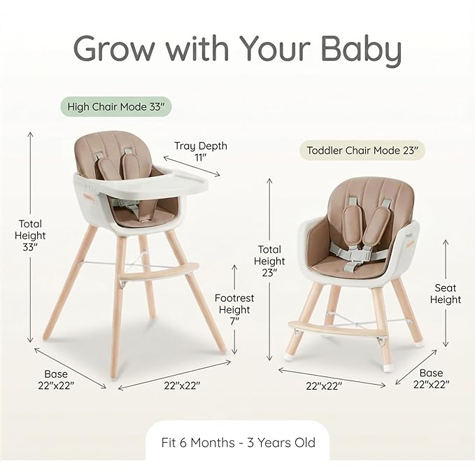 Mallify 3-in-1 Wooden High Chair, Convertible High Chairs for Babies and Toddlers, Baby Highchair with Adjustable Legs & Dishwasher-Safe Tray, Sleek Hardwood & Premium PU Cushion, Brown