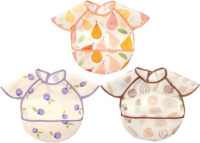 Feeding Bibs for Baby,3 Pack-Waterproof & Easy Clean Baby Bibs for Eating,Toddlers & Infant,Reversible Pockets