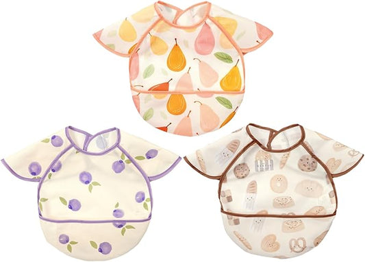 Feeding Bibs for Baby,3 Pack-Waterproof & Easy Clean Baby Bibs for Eating,Toddlers & Infant,Reversible Pockets