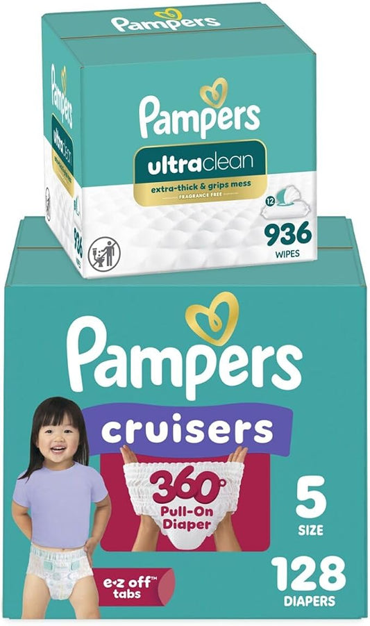 Pampers Pull On Cruisers 360° Fit Disposable Baby Diapers Size 5, 128 Count with Free & Gentle Baby Wipes 12 Flip-Top Packs (936 Wipes Total)