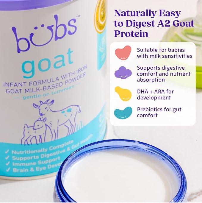 Bubs Whole Goat Milk Formula with Iron, Goat Milk-Based Powder, for Infants 0-12 Months, Made with Non-GMO Goat Milk, 20 oz