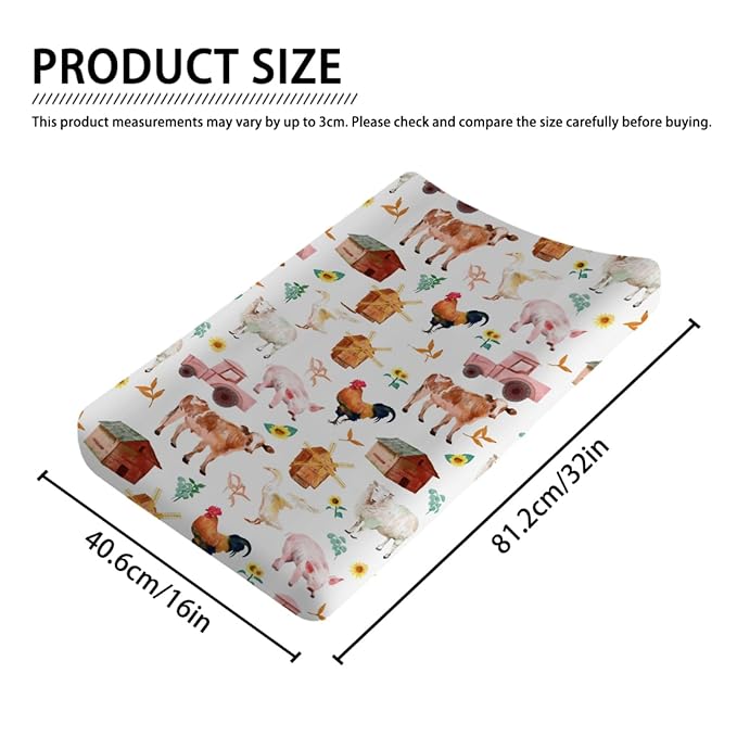 Watercolor Farm Animals Changing Pad Cover Barn Cow Lamb Pig Hen Duck Tractor Baby Diaper Changing Table Sheets for Boys Girls Soft Stretch Fitted Baby Changing Table Mats Covers 32''x16''