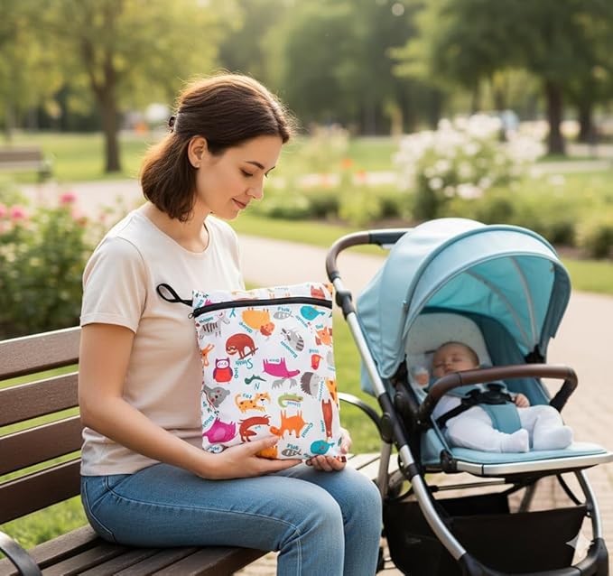 Extra Large Wet Bag, Reusable Waterproof Wet Dry Bag for Swimwear, Cloth Diapers & Travel, Leak-Resistant Fabric with Hanging Loop, 16.93 x 18.11 in (Zoo)