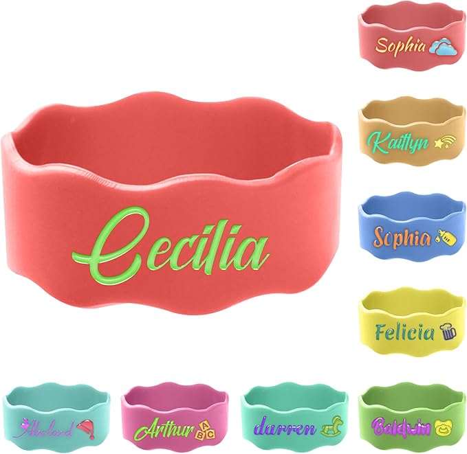 8 Pcs Personalized Water Bottle Name Bands, Reusable Bottle Labels, Cute Bottle Tag Washable Sippy Cup Strap Non-Slip Silicone Daycare Labels Gifts