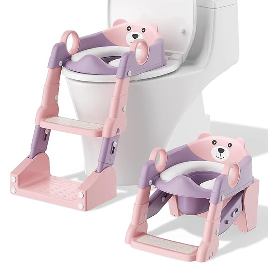 Potty Training Seat,Toddler Toilet Seat for Boys Girls,3-in-1 Potty Training Toilet and Chair with Step Stool Ladder,Anti-Slip Height Adjustable Foldable Splash Guard for Kids (Purple Pink)
