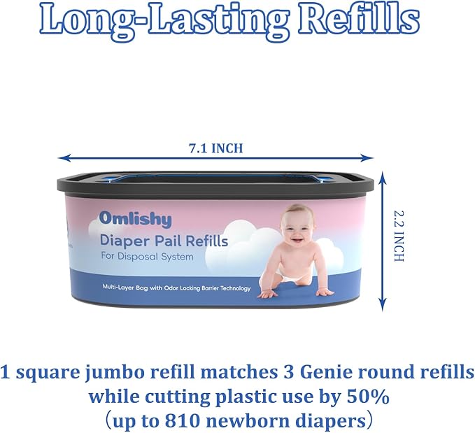 Jumbo Square Bags Refill Compatible with Diaper Genie Compact, Select Pails (Not Fit Classic), Max Odor Control, Disposal Bag Refills, Continuous Film, Holds Up to 810 Newborn Diapers, 4 Pack