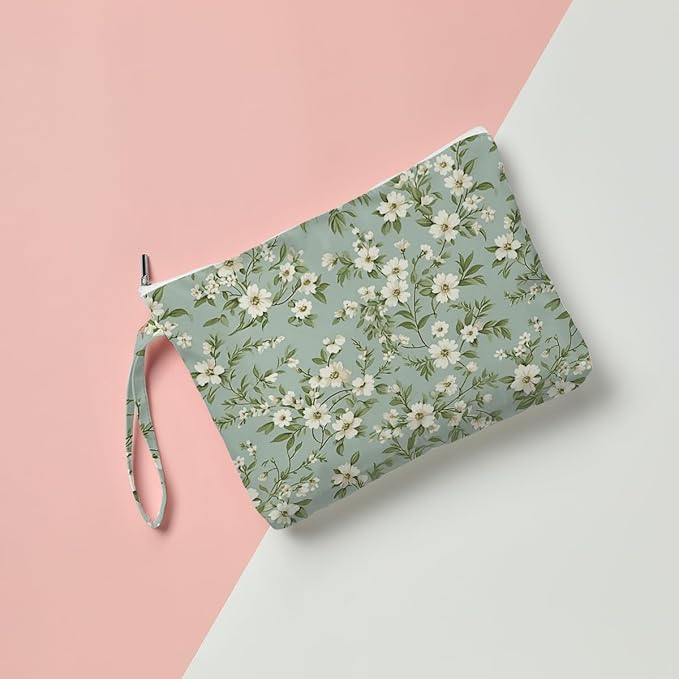 Fokongna Floral Print Wet Bag, Small Portable Waterproof Multi-Functional Organizer for Women, Green Tiny White Floral, Ideal for Daily, Beach & Travel