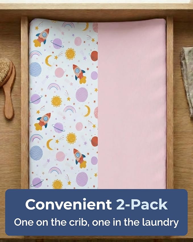 Changing Pad Cover - Pack of 2 Soft Unisex Diaper Change Microfiber Table Sheets - Fits 32"x16" Contoured Pad - Changing Pad Cover for Baby Boys & Girls - Snug, Machine Washable - Oeko-Tex, Space Girl