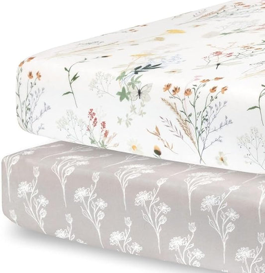 Pobibaby - 2 Pack Premium Fitted Baby Girl Crib Sheets for Standard Mattress - Ultra-Soft Jersey Knit, Safe and Snug, and Stylish Floral Crib Sheet (Wildflower)