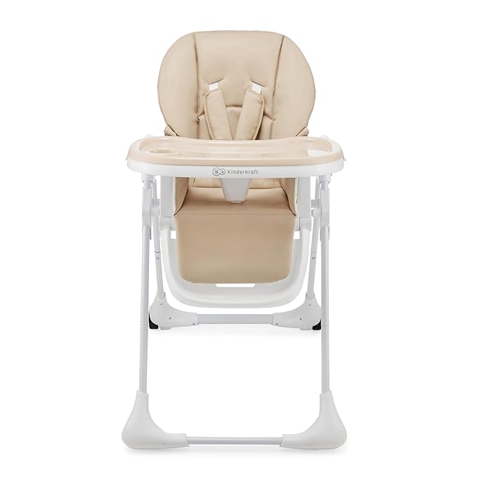 Kinderkraft Tummie, 2-in-1 high Chair, Baby Chair, Ergonomic, Comfortable, Reclining, Foldable, with Ajustable Height, Footrest, Detachable Tray, for Toddler, with Toys, Beige