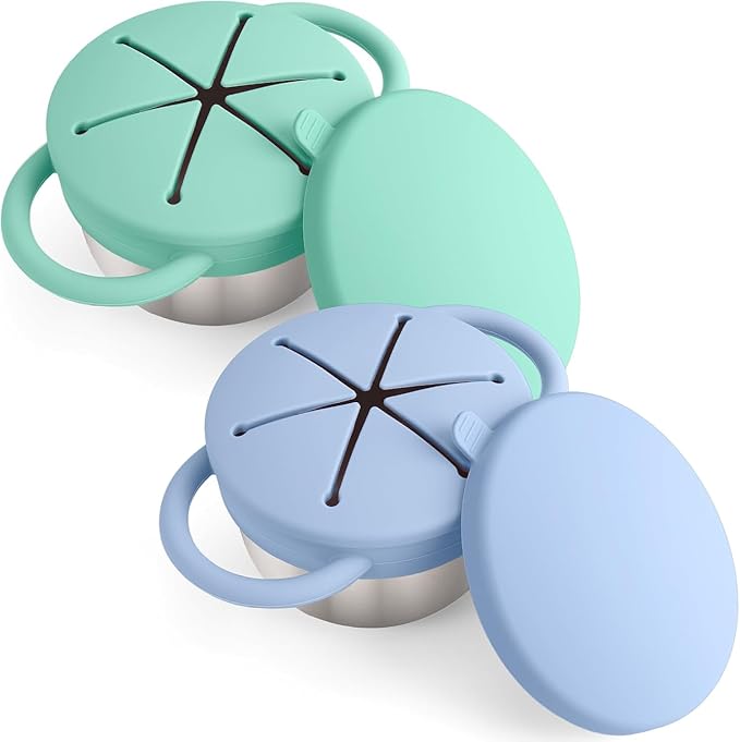 Bufilea 2 Pack Snack Containers for Toddlers, Stainless Steel Toddler Snack Cups with Silicone Food Catcher & Lids,Snack Cups for toddlers Spill Proof
