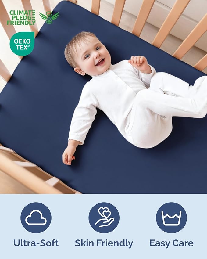 Baby Crib Sheets for Boys & Girls - Pack of 2 Fitted Microfiber Crib Sheets for Standard Crib & Toddler Mattress - Breathable & Wrinkle Free - Machine Washable, Oeko Tex - 52x28x8in - Navy Baby Blue