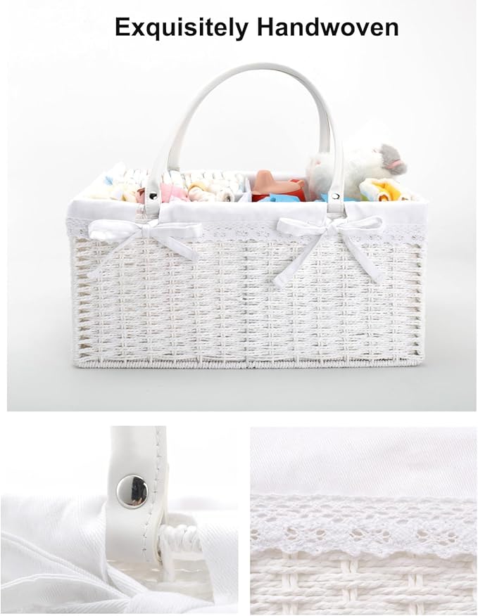 Large Baby Diaper Caddy Basket - Portable Wicker Paper Rope Storage Baskets Woven Car Organizer for Diapers With Divider White
