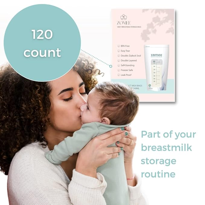 Zomee Breast Milk Storage Bags 8oz – Leakproof Double-Zip Seal, Self-Standing, Easy-Pour Design, Freezer Safe, Pre-Sterilized, BPA & Phthalate Free – Bulk Pack of 120