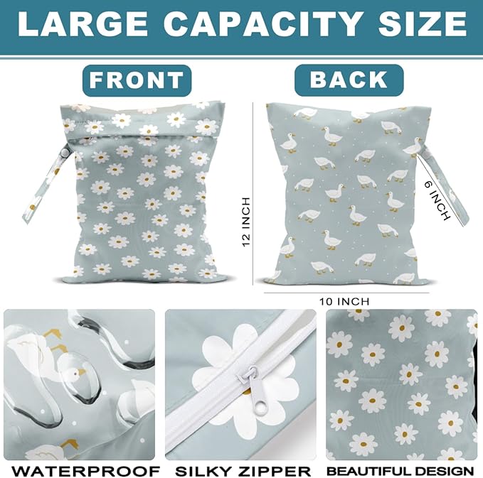 2Pcs Wet Bag, Wet Dry Bag Reusable with Zipper, Travel, Beach, Pool, Diapers, Baby Clothes, Dirty Yoga Gym Clothes,Toiletry, Hook to Stroller, Waterproof Wetdry Packing, Silly Goose Decor (12x10 Inch)