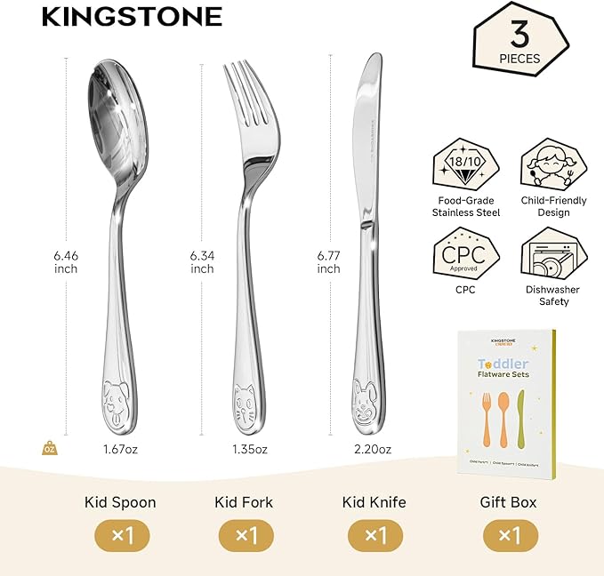 KINGSTONE Toddler Utensils Gift Set, 3-Piece Fork, Spoon & Knife, Large Size, 18/10 Stainless Steel, Cat & Dog Print, Ergonomic Kids Flatware for Self-Feeding, Ideal Birthday or Children Shower Gift