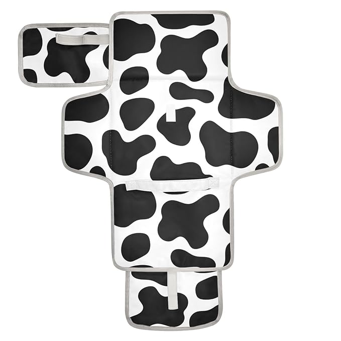 Portable Diaper Changing Pad Travel Baby Changing Mat Waterproof Diaper Changing Mat Foldable Lightweight Baby Changer with Built-in Pillow Cow Print Black and White