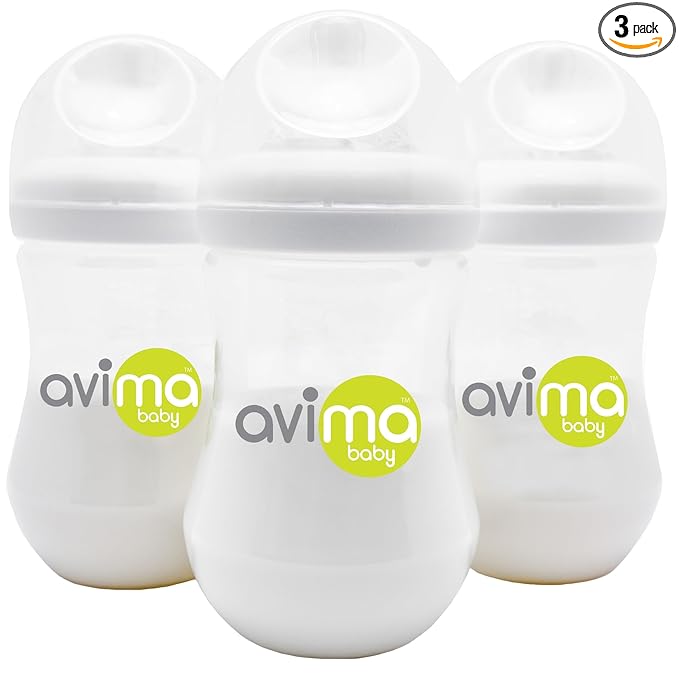 Avima Baby 9 oz Anti Colic Baby Bottles for Breastfed Babies - Medium Flow Nipples, Wide Neck Bottle, BPA Free - 3-6 Months, Stage 2 (Set of 3)
