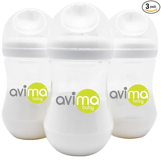 Avima Baby 9 oz Anti Colic Baby Bottles for Breastfed Babies - Medium Flow Nipples, Wide Neck Bottle, BPA Free - 3-6 Months, Stage 2 (Set of 3)