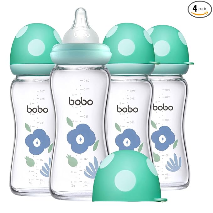 YOHKOH Natural Glass Baby Bottle with Level 2 Medium Flow Nipple, Newborn Anti-Colic Baby Bottles, Wide Neck Mushroom Baby Glass Bottle (Blue, (8.8oz (Pack of 4))
