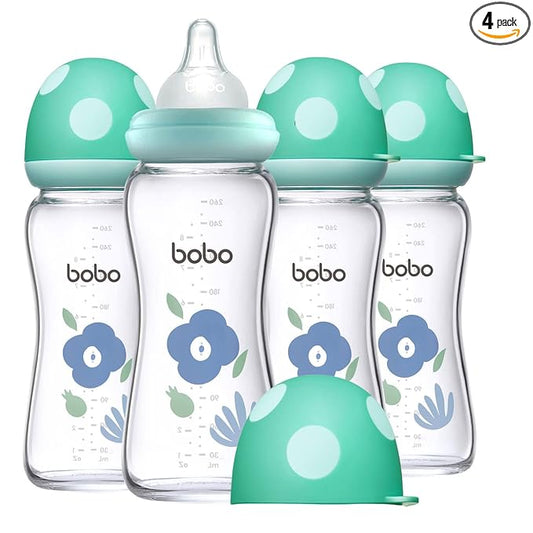 YOHKOH Natural Glass Baby Bottle with Level 2 Medium Flow Nipple, Newborn Anti-Colic Baby Bottles, Wide Neck Mushroom Baby Glass Bottle (Blue, (8.8oz (Pack of 4))