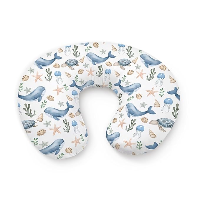 Watercolor Ocean Whale Sea Turtle Starfish Seashells Pattern Nursing Pillow Cover, Unisex Removable Breastfeeding Pillowcase Slipcover for Baby Girls Boys Newborns Toddlers, Cover Only