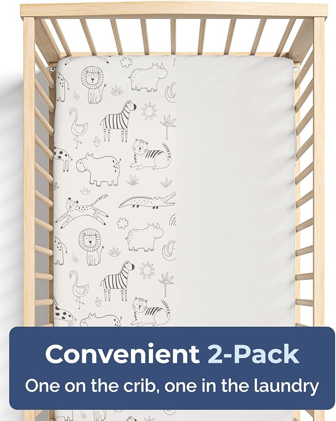 Baby Crib Sheets for Boys & Girls - Pack of 2 Fitted Microfiber Crib Sheets for Standard Crib & Toddler Mattress - Soft, Breathable & Wrinkle Free - Machine Washable, Oeko Tex - 52x28x8in - Zoo Sketch