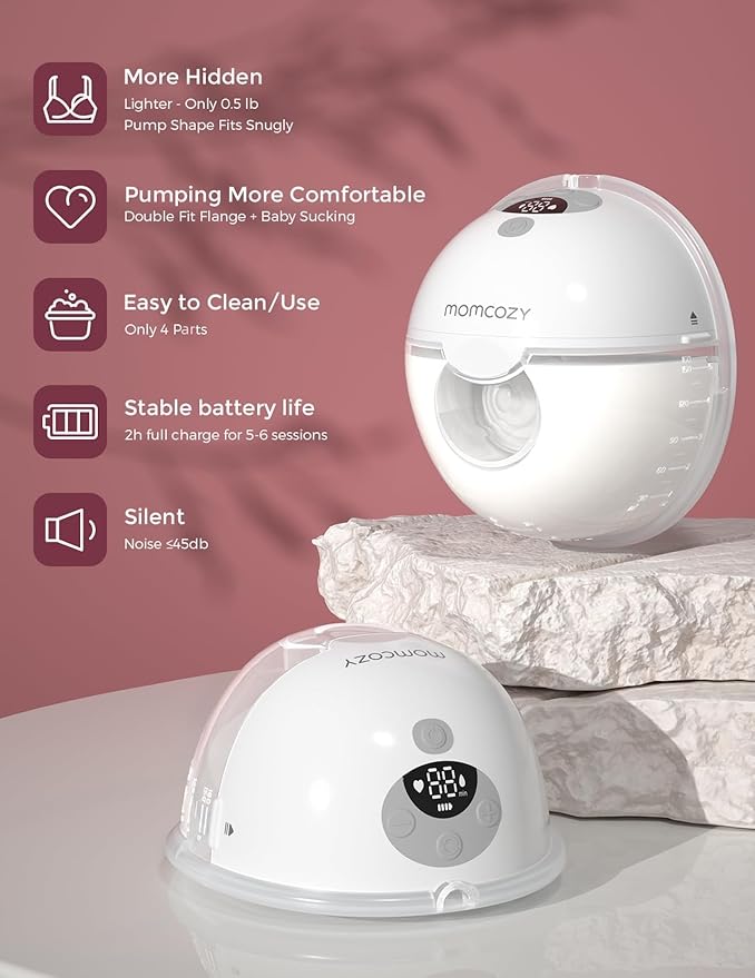 Momcozy M5 Hands-Free Wearable Breast Pump Without APP, Double-Sealed Flange for Baby-Like Comfort, 3 Modes & 9 Suction Levels, Portable Electric Pump – 24mm, 2-Pack Quill Gray