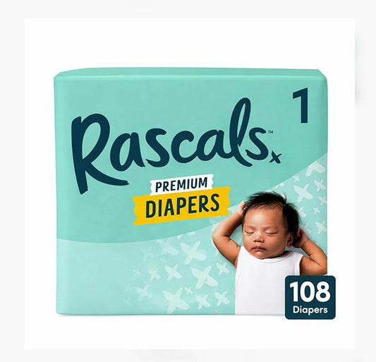Rascals Premium Disposable Baby Diapers Size 1 (108 Count), Absorbent Core, Up to 12 Hours Leak Protection, Gentle on Skin, Secure Fit, Soft Comfort