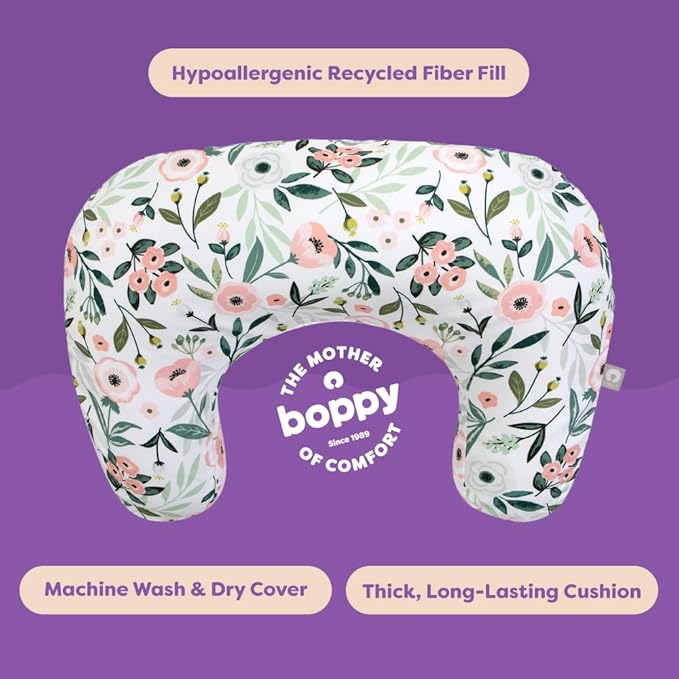 Boppy Nursing Pillow - Firm, Ergonomic U-Shaped Bottle and Breastfeeding Pillow with High Lift for Comfort and Support, Spacious Surface - Pink Garden Flowers